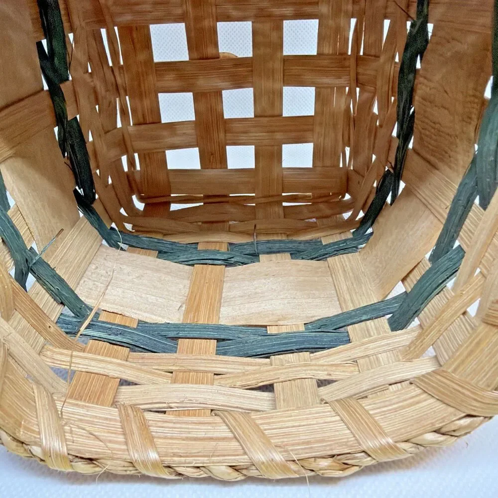 Vintage Hand-Woven Splint Wood Holiday Basket - Hand-Painted Christmas Trees
